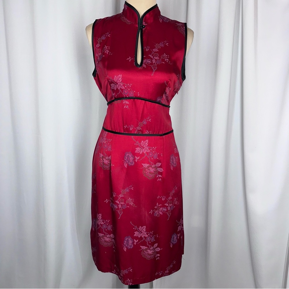Vintage 90s Red Satin Asian Inspired Floral Dress Womens Size 8 USA Made